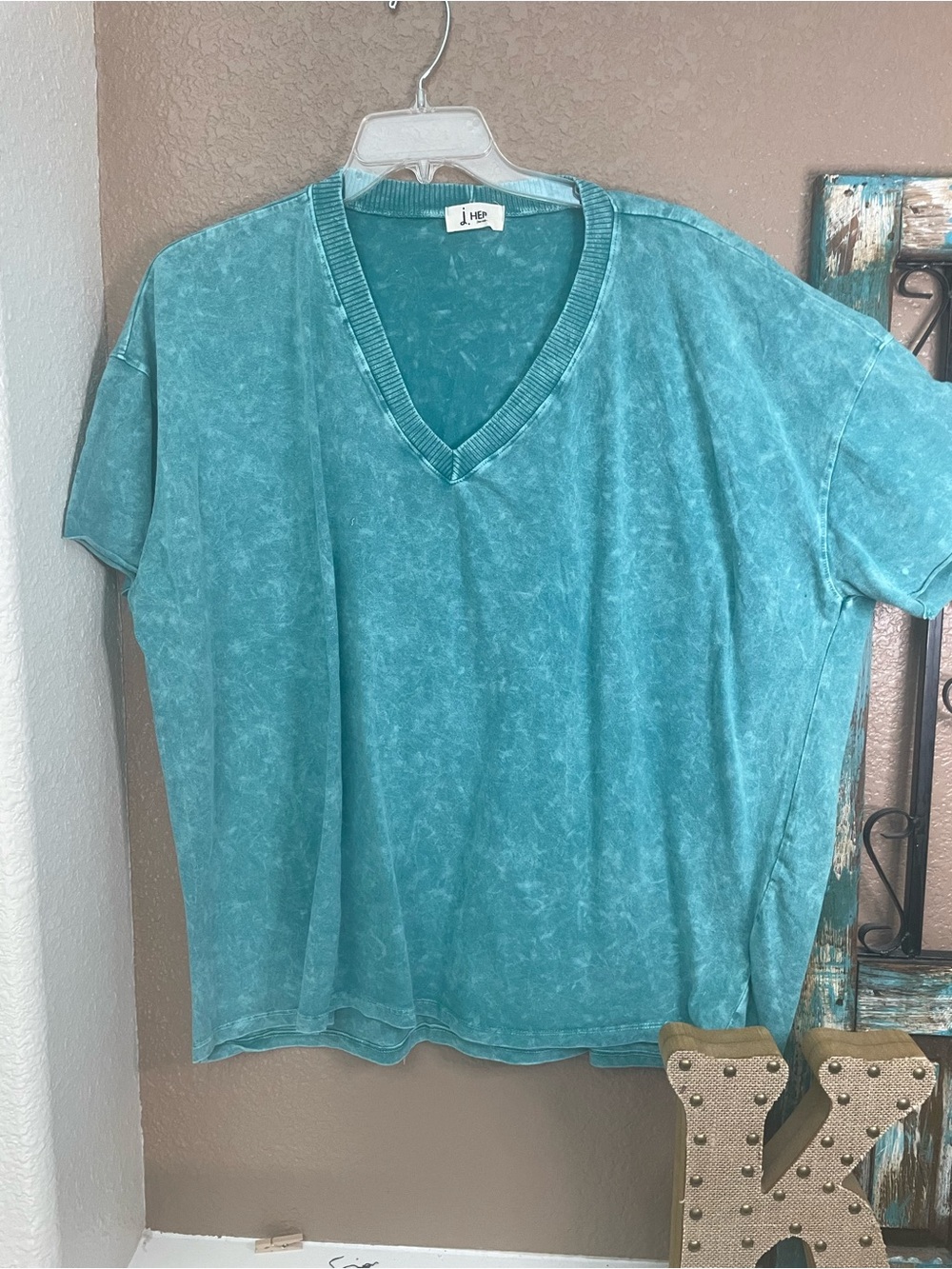 J. Her V-Neck Mineral Wash Teal Top